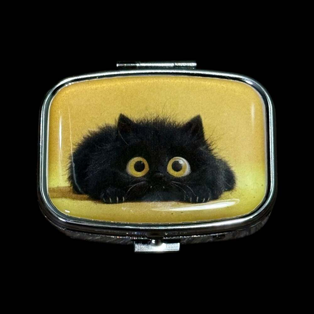 Cute Black Cat Portable Rectangle Metal Pill Organizer Case